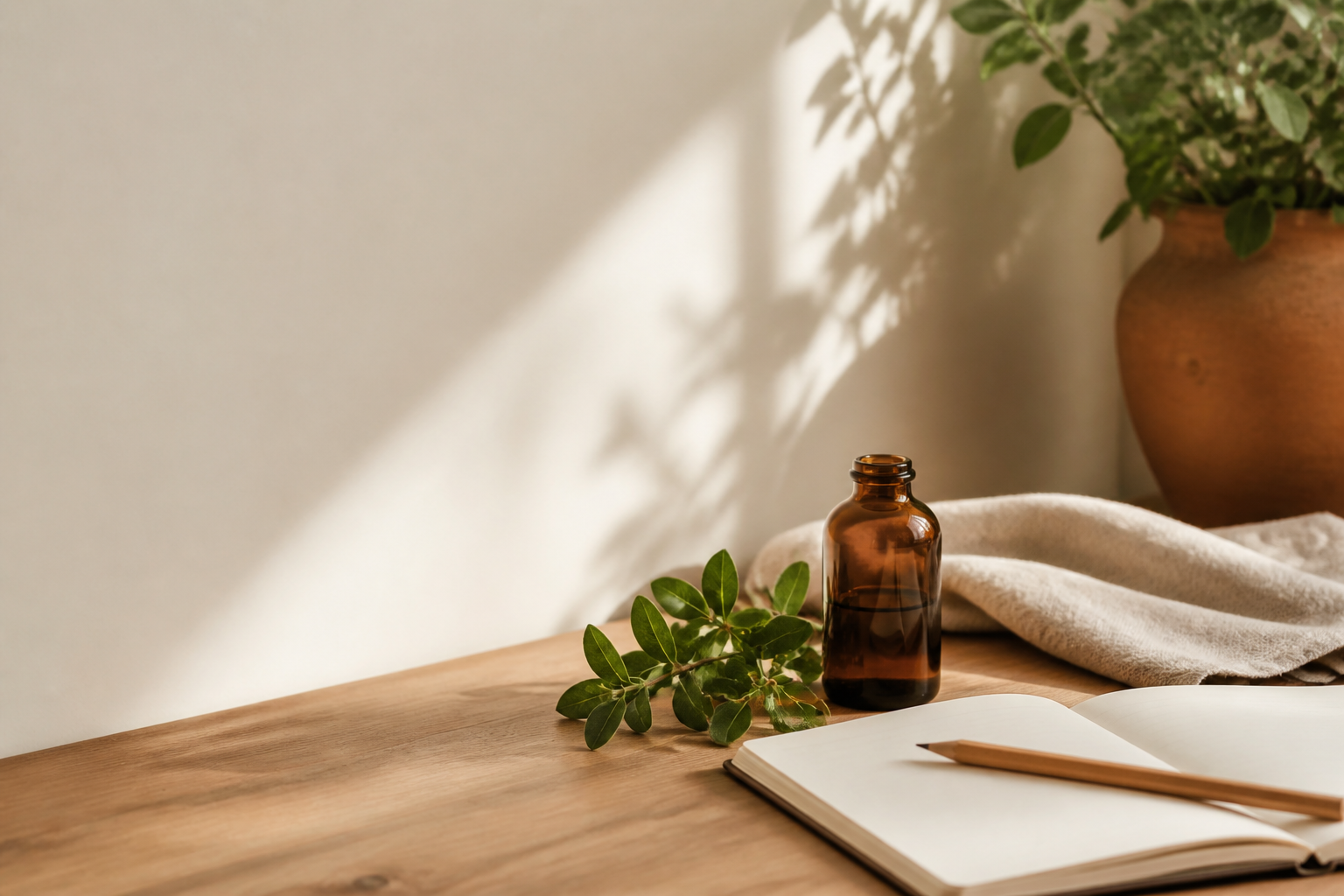 A quiet consultation desk with an amber bottle, greenery, linen, and an open notebook
